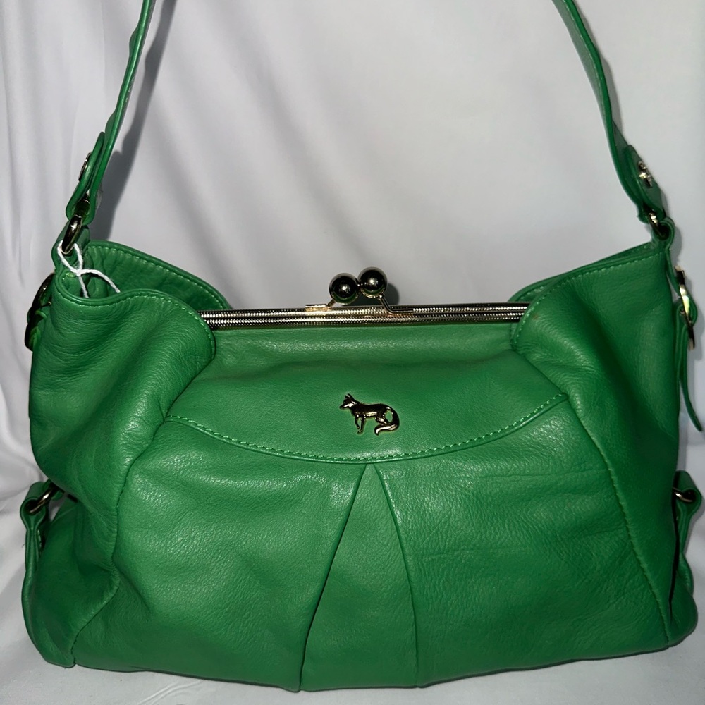 Emma Fox Green Pebbled Leather Bag Hobo Shoulder Kiss Lock Floral Lining